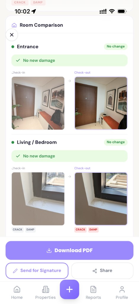 Room comparison with check-in vs check-out photos and verdicts