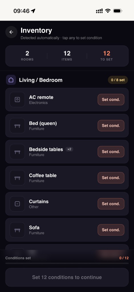 Auto-detected inventory — tap any item to set condition