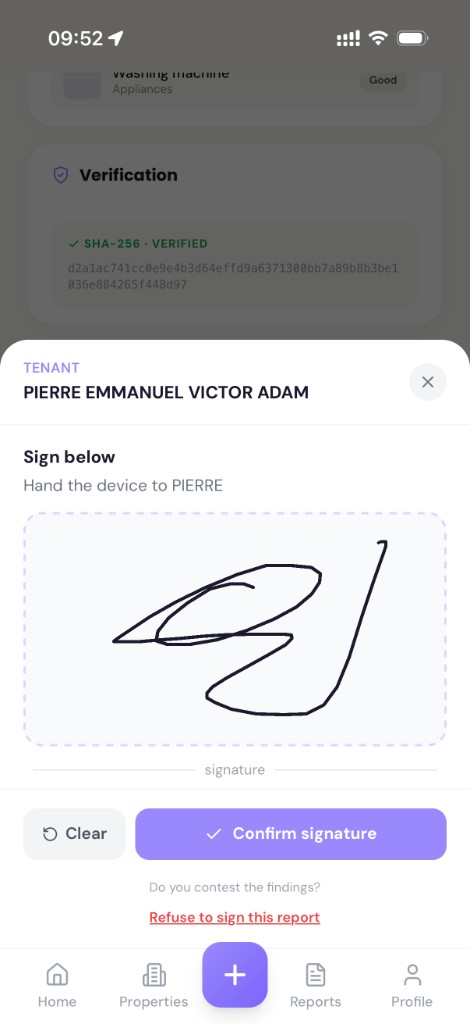 Signed report page with QR code, both signatures and SHA-256 hash
